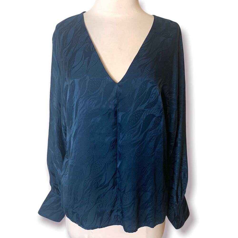 Amour vert amaranta silk long sleeve blouse teal embossed patterned sz‎ S